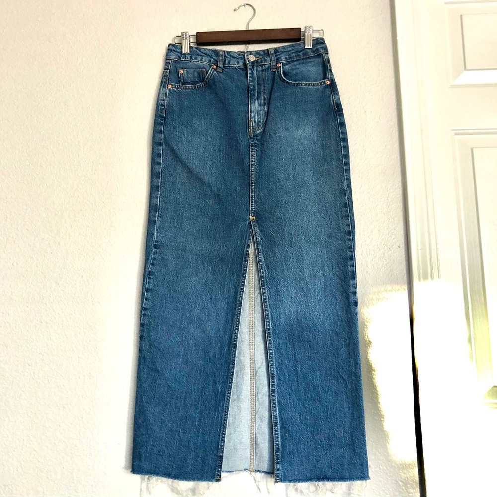 stradivarius Blue Straight-Leg Front-Slit Jeans Maxi Skirt